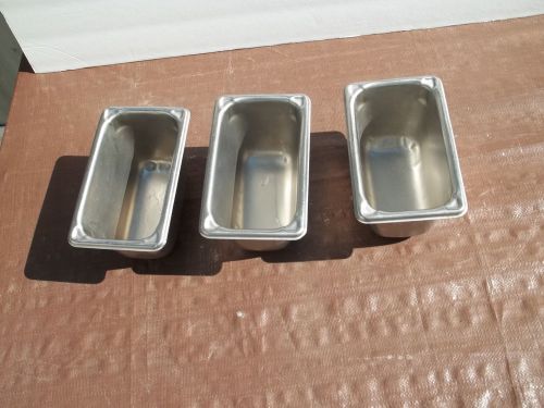 LOT OF 3 USED STAINLESS STEEL 1/9 HOTEL PANS 4&#034; DEEP FEW SCRATCHES DINGS GOOD