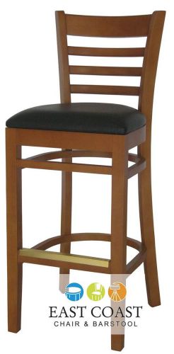 New wooden cherry ladder back restaurant bar stool with black vinyl seat for sale
