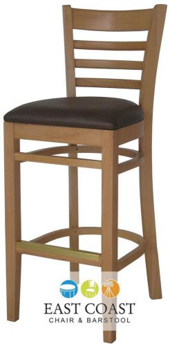 New wooden natural ladder back restaurant bar stool with brown vinyl seat for sale