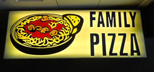 Very nice lighted  &#034;family pizza&#034; window/shelf sign for your shop or home bar for sale