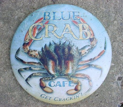 Vintage Metal BLUE CRAB CAFE Round Ad Sign SEAFOOD Tin Nautical BAR TAVERN