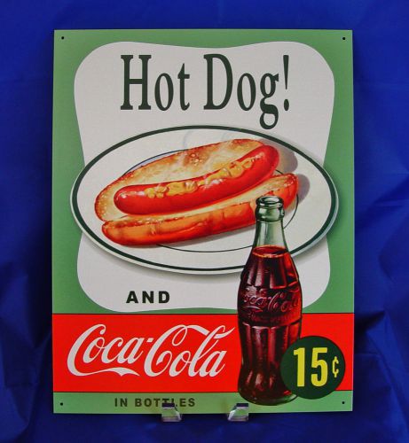 Coca-cola coke soda pop hot dog 15 cents bottle metal tin sign drink made usa for sale
