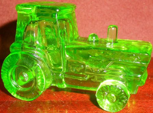 Green Vaseline glass farm tractor uranium yellow art candy container john deere
