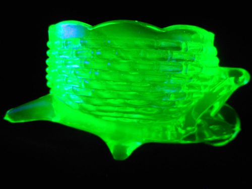 Green Vaseline glass Wheelbarrow toothpick holder / salt dip cellar celt uranium