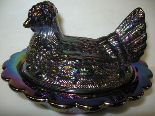 purple carnival glass hen chicken on nest basket dish iridescent amethyst black