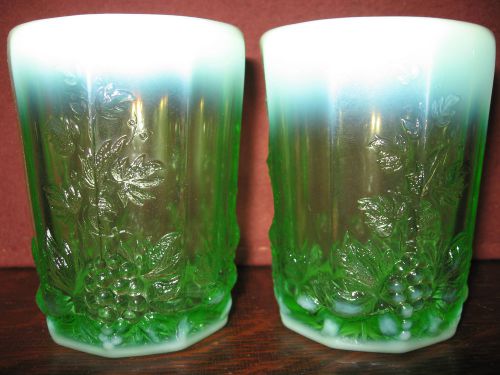 pair of Green Opalescent glass Grape cable pattern tumblers cups wine goblet set