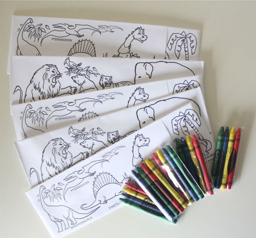 Set of 5 color me paper soda jerk hats and crayons dinosaur and zoo for sale