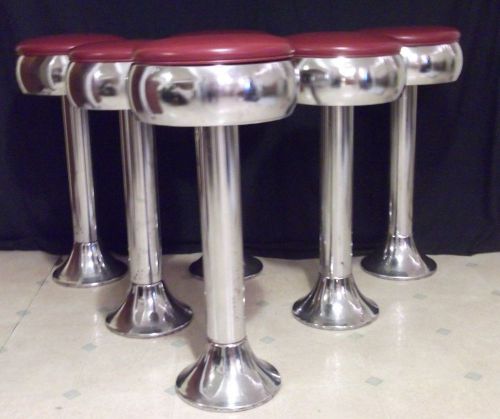 SIX  VINTAGE CHROME &amp; RED SODA FOUTAIN/BAR STOOLS