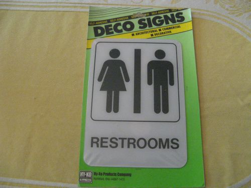 Hy-Ko DECO Sign&#034;RESTROOMS&#034; Self Adhesive 5&#034;x 6.5&#034; LOT of 2, Made in USA