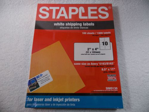 Staples White Shipping Labels 2&#034; x 4&#034; 100 sheets / 1,000 Labels Adhesive