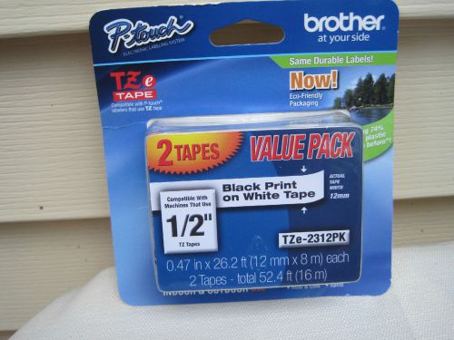 Brother P-Touch 2 PACK Black print/white label tape TZe-2312PK 1/2 inch width