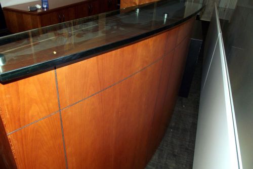 Custom built Cherry-wood Reception desk with return, credenza and glass toppers