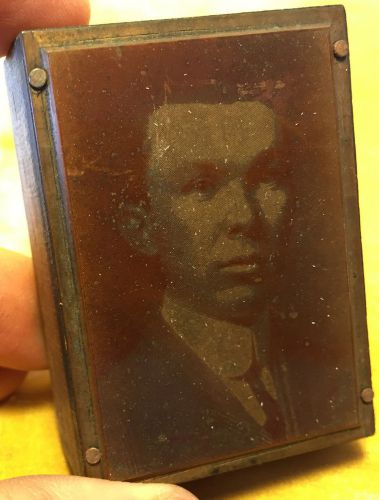 Vtg Engraved Copper Newspaper Ink Press Printer&#039;s Block: 1920s Man&#039;s Portrait