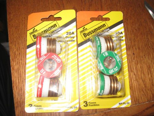 Lot of 3 20a &amp; 30a cooper plug fuses  screw-in 20 amp time delay 20a bp/tl-20 for sale