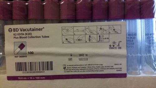 100 new bd vacutainer k2 edta (k2e) plus blood collection tubes exp 2012-11 for sale