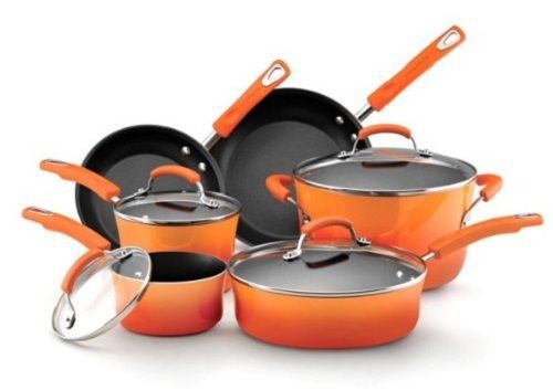 Orange nonstick pots and pans 10 piece cookware set oven safe sturdy glass lids for sale