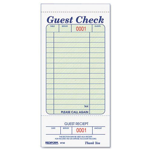 Rediform Guest Check Book, 3 3/8 x 6 1/2, Tear-Off at Bottom, 50/Book