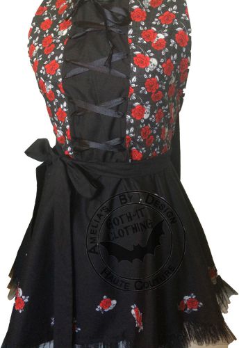 VICTORIAN APRON SWING GOTHIC STEAMPUNK GYPSY UNIQUE APRON BLK/RED SKULL &amp; ROSES