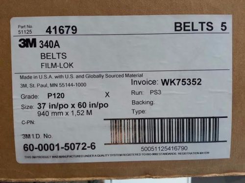 New 5pk 3M 340A Cloth Belts Film-Lok Abrasive Belt 37&#034; x 60&#034; P120
