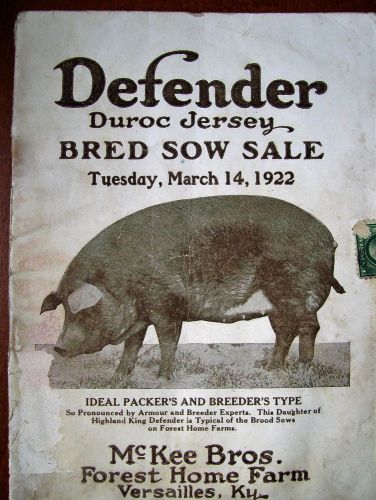 DEFENDER DUROC JERSEY-BRED SOW SALE-McKEE BROTHERS VERSAILLES.KY SALE BKLT-1922