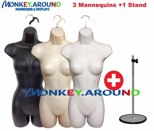 3 MANNEQUIN FEMALE DRESS TORSO BODY WOMEN FORM +3 HANGER +1 METAL STAND DISPLAY