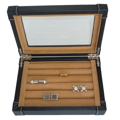 Black Leatherette Cufflink Case &amp; Ring Storage Organizer Mens Jewelry Box for