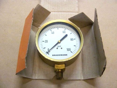 Vintage Braukman 0-100 PSI Dry Gauge, 4&#034; Diameter, With 1/4&#034; Threaded Connector