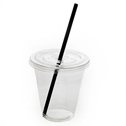 50 Sets 16oz Plastic Clear Cups with Flat Lids and Straws