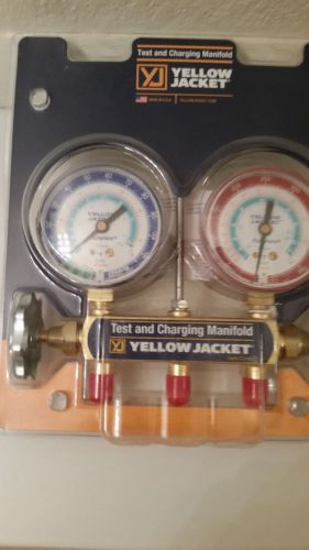 Yellow jacket 41312 series 41 solid brass manifold, red &amp; blue 2 1/2 gauges, for sale
