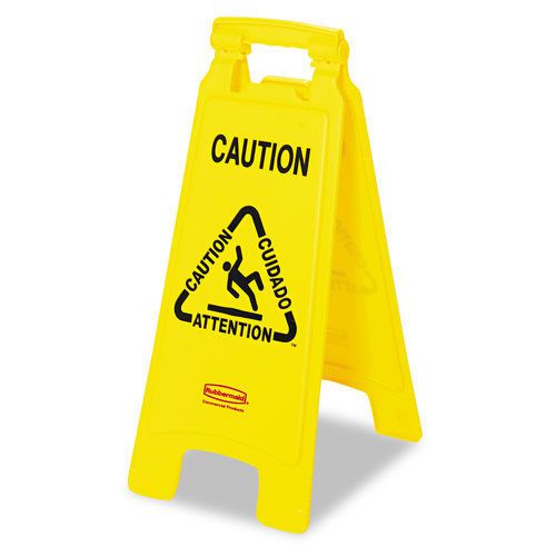 2(Two) Rubbermaid 25&#034;, Yellow, &#034;Caution Wet Floor&#034; Sign 6112-00-YEL Multilingual