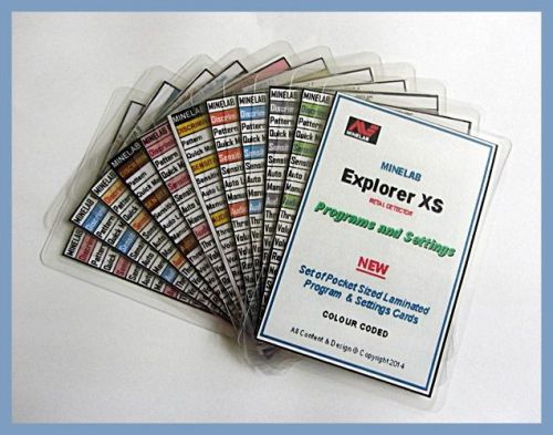 Minelab Explorer XS  Metal Detector Program Cards. Pocket Size. Waterproof. NEW