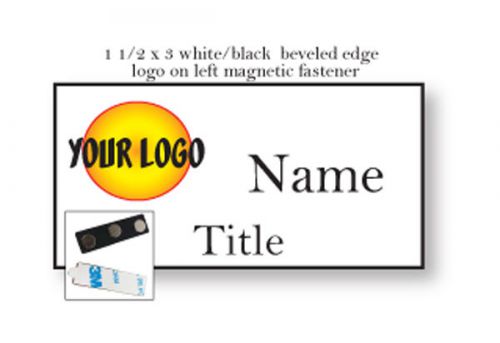 1 WHITE NAME BADGE LOGO ON LEFT FULL COLOR 2 LINES OF IMPRINT MAGNETIC FASTENER