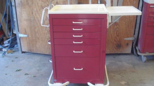 Armstrong 6 drawer red crash cart with guard rail/iv pole/cpr board and more for sale
