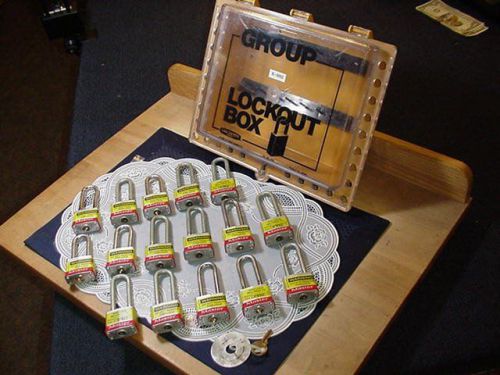 Lab safety group lockout box bsl-21185-y with 16 master padlocks &amp; key for sale