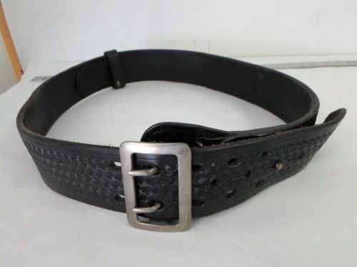 Aker black leather duty belt b03-36, size 36, 2 1/8&#034; wide w/ silver color buckle for sale