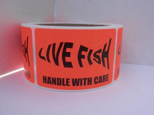 50 LIVE FISH silhouette HANDLE WITH CARE Sticker Label fluor red bkgd