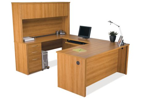 Premium u-shaped office desk with hutch in cappuccino cherry for sale