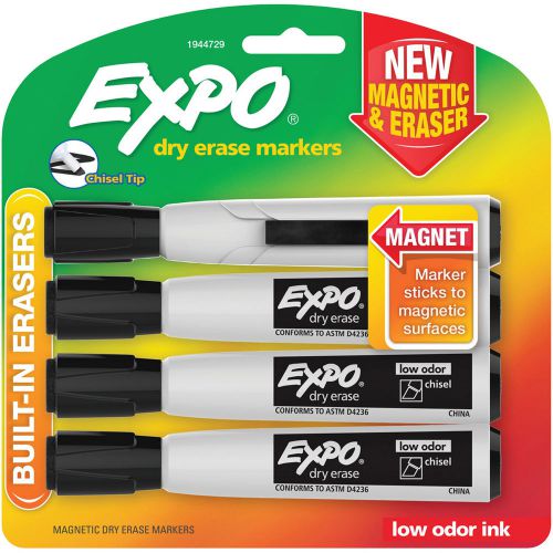 Magnetic Dry Erase Chisel Marker With Eraser 4/Pkg-Black