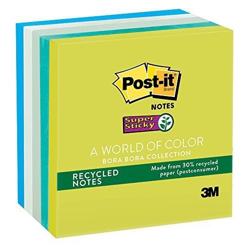 Post-it Recycled Super Sticky Notes, 3 in x 3 in, Bora Bora Collection, 5
