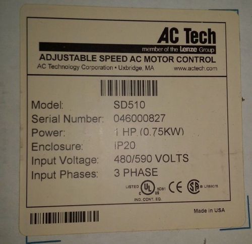 New AC Tech SD510 AC Motor Drive  Variable Speed 3 Phase 1HP 0.75KW  NSFP