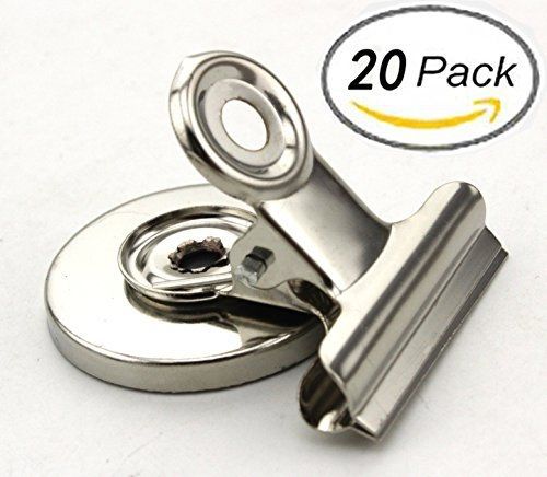 Set of 20 - ZICOME Bulldog Clips, Magnetic Back, Size 30mm 40mm, 20/Box, Silver