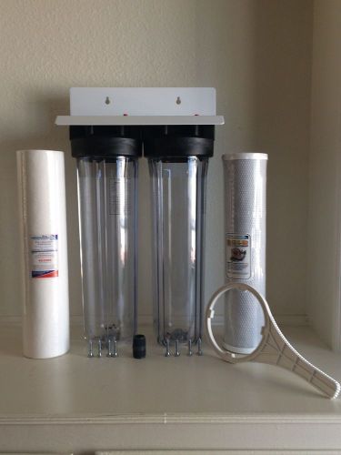 Dual big blue water filter clear housing 4.5&#034;x20&#034; 1&#034;npt. 1 sediment &amp; 1 carbon for sale