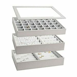 Vee Upgraded Jewelry Trays Organizer with Lid, 4-Layer 3 Pack with Lid Grey