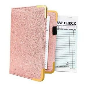 Server Book - Waitress Book Organizer with Zipper Pouch for Pink Glitter