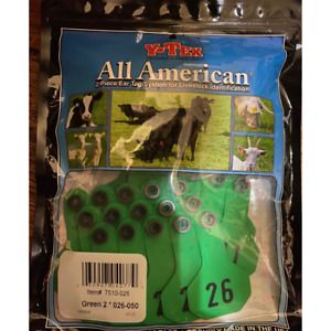 Green Y-Tex small 2pc ear tags number front #26-50