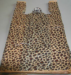 50 LEOPARD print Plastic T-Shirt Bags w/Handles 8&#034; x 5&#034; x 16&#034; gift party retail