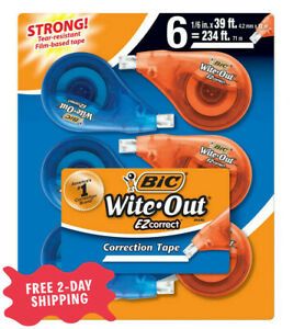 BIC Wite-Out Brand EZ Correct Correction Tape White 6-Count Tape Applies Dry ...