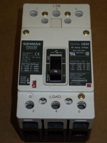 Siemens hem 3 pole 70 amp 600y/347v hem3m070 circuit breaker for sale