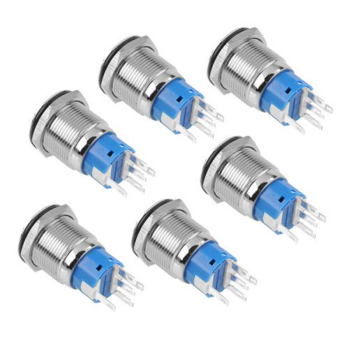 6pcs 19mm 12V Blue LED Ring Illuminated ON/Off Push Button Silver For DIY