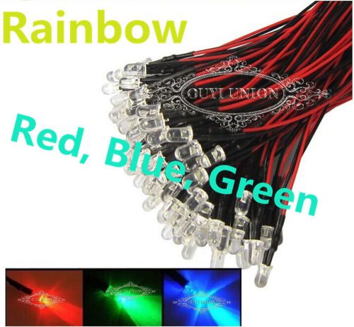 5PCSx Prewired LEDs 10mm Lamp 12V Rainbow Light RGB Red/Green/Blue Fast Flash